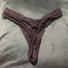 Load image into Gallery viewer, Lace thong cotton crotch &amp; oily pantyhose..
